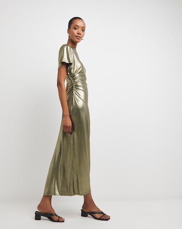 Liquid Metallic Grown On Sleeve Ruched Midi Dress