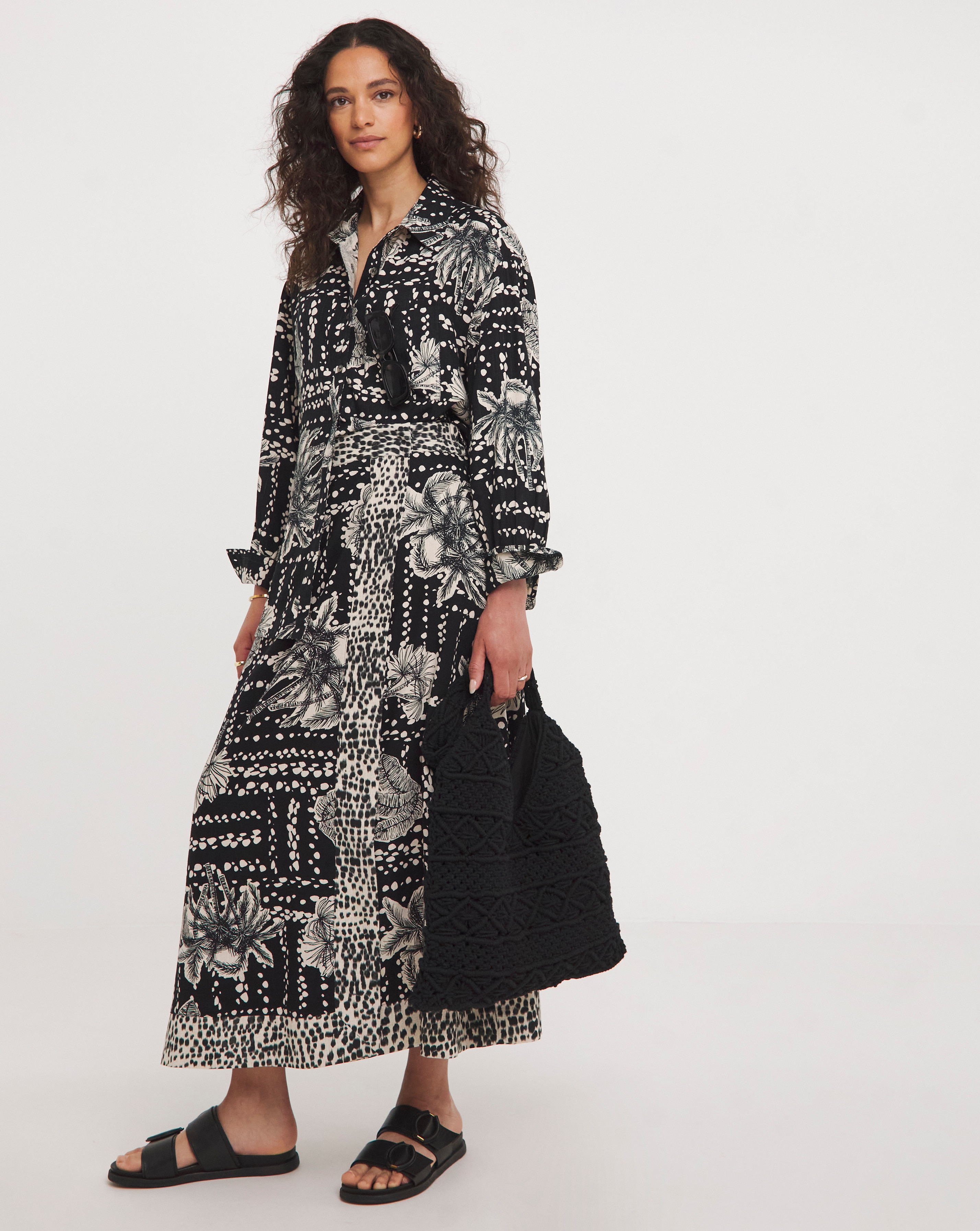 Border Print Linen Mix Midi Wrap Skirt