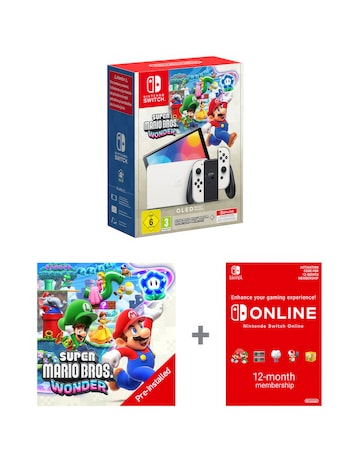 Nintendo Switch OLED White Mario Bros Wonder & 12 Months Switch Online Bundle