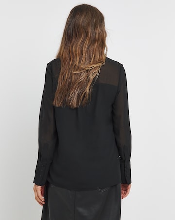 Womens Chiffon Mix Long Sleeve Shirt - Black