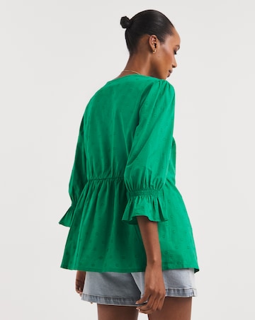 Green Cotton Dobby Puff Sleeve Top