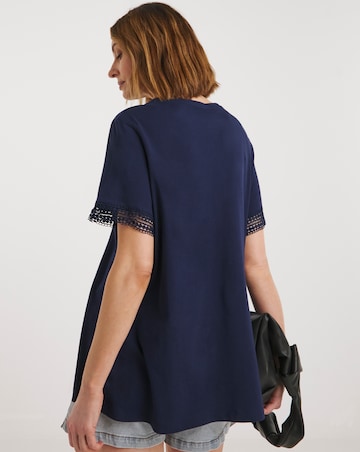 Navy Lace Trim Short Sleeve Longline Top