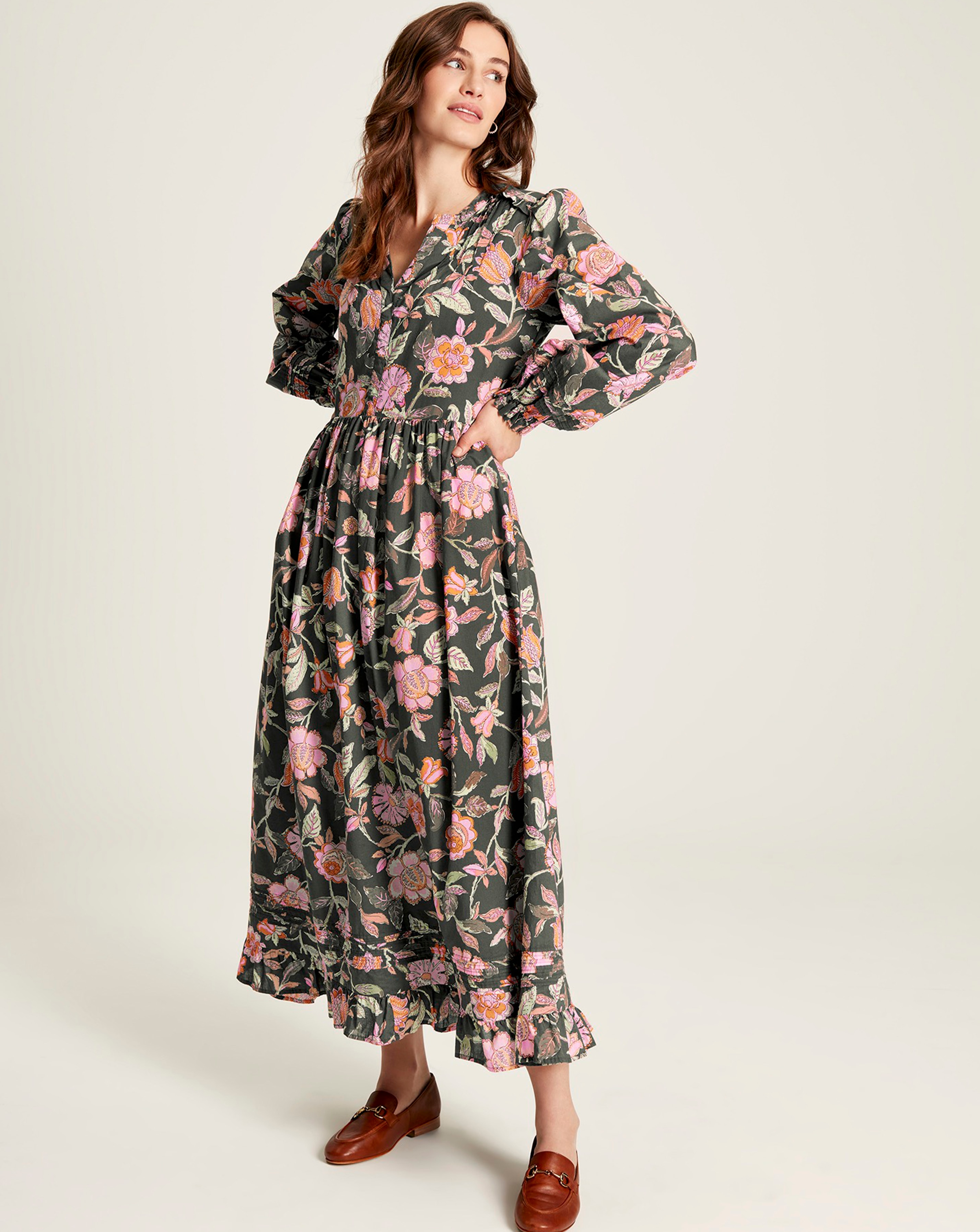 Joules Heather Floral Cotton Dress With Pleat Deataling JD Williams