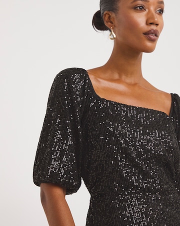 Sequin Square Neck Puff Sleeve Dress