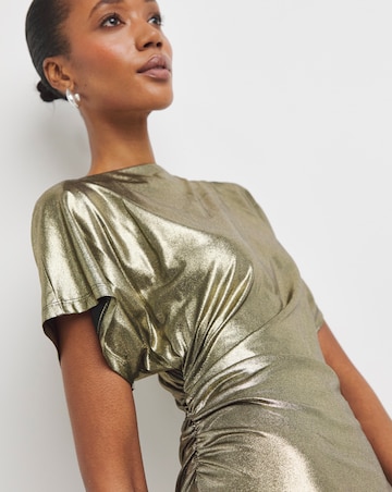 Liquid Metallic Grown On Sleeve Ruched Midi Dress