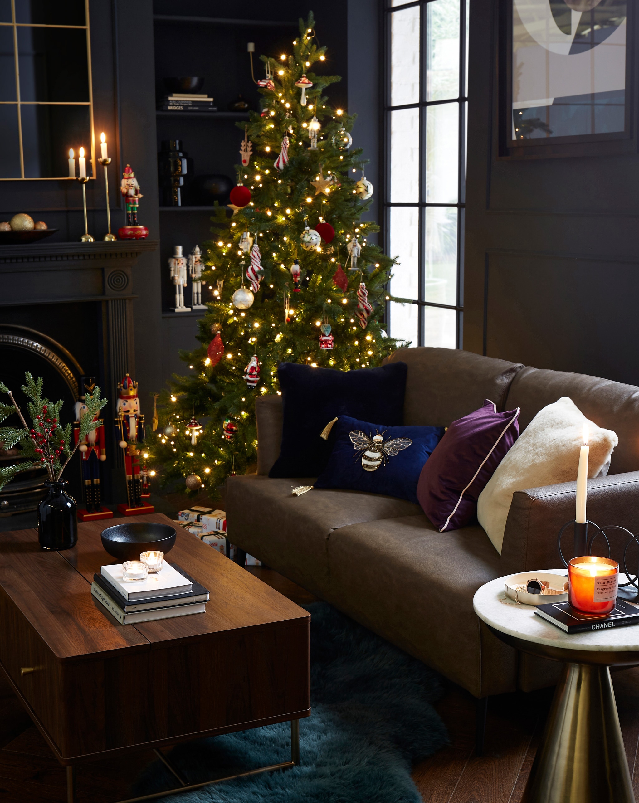 A living room decorated for Christmas