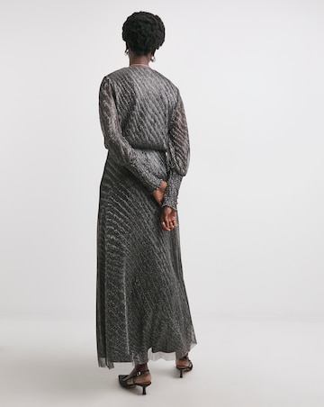 Metallic Pleated Mesh Long Sleeve Dress