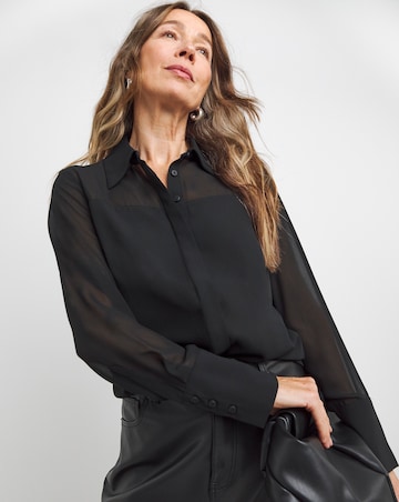 Womens Chiffon Mix Long Sleeve Shirt - Black