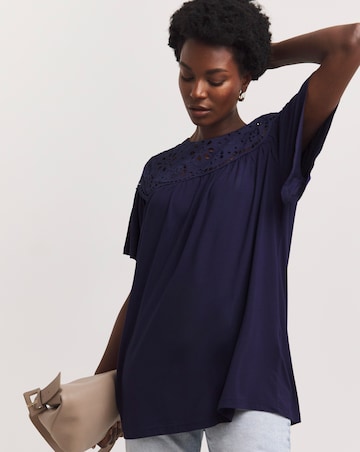 Navy Broderie Yoke Angel Sleeve Longline Top