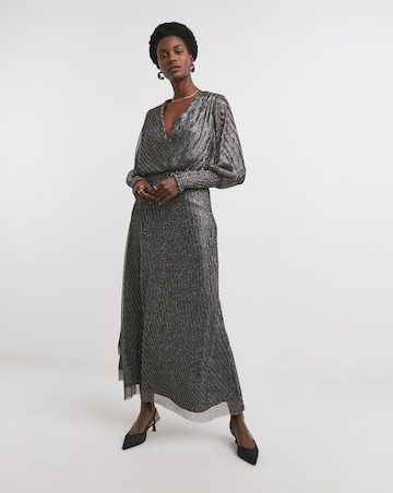 Metallic Pleated Mesh Long Sleeve Dress