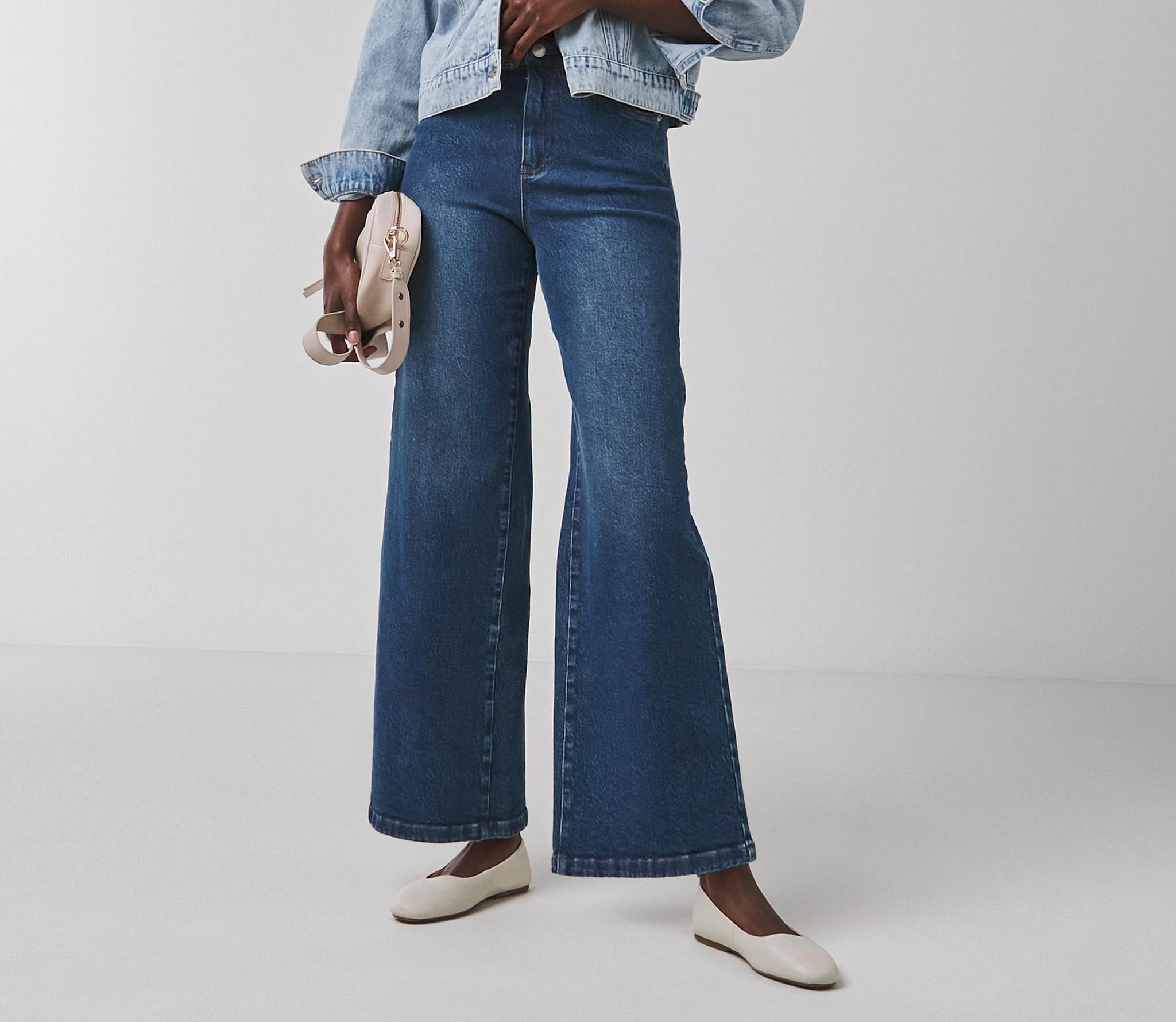 Lady wearing wide leg jeans