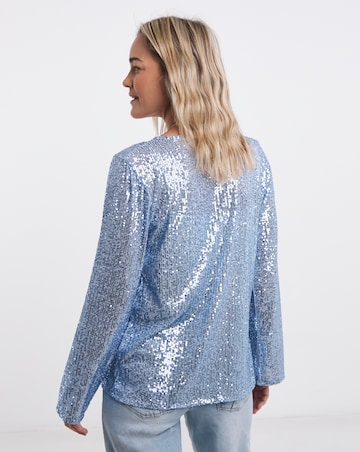 Blue Sequin Tie Front Cardigan