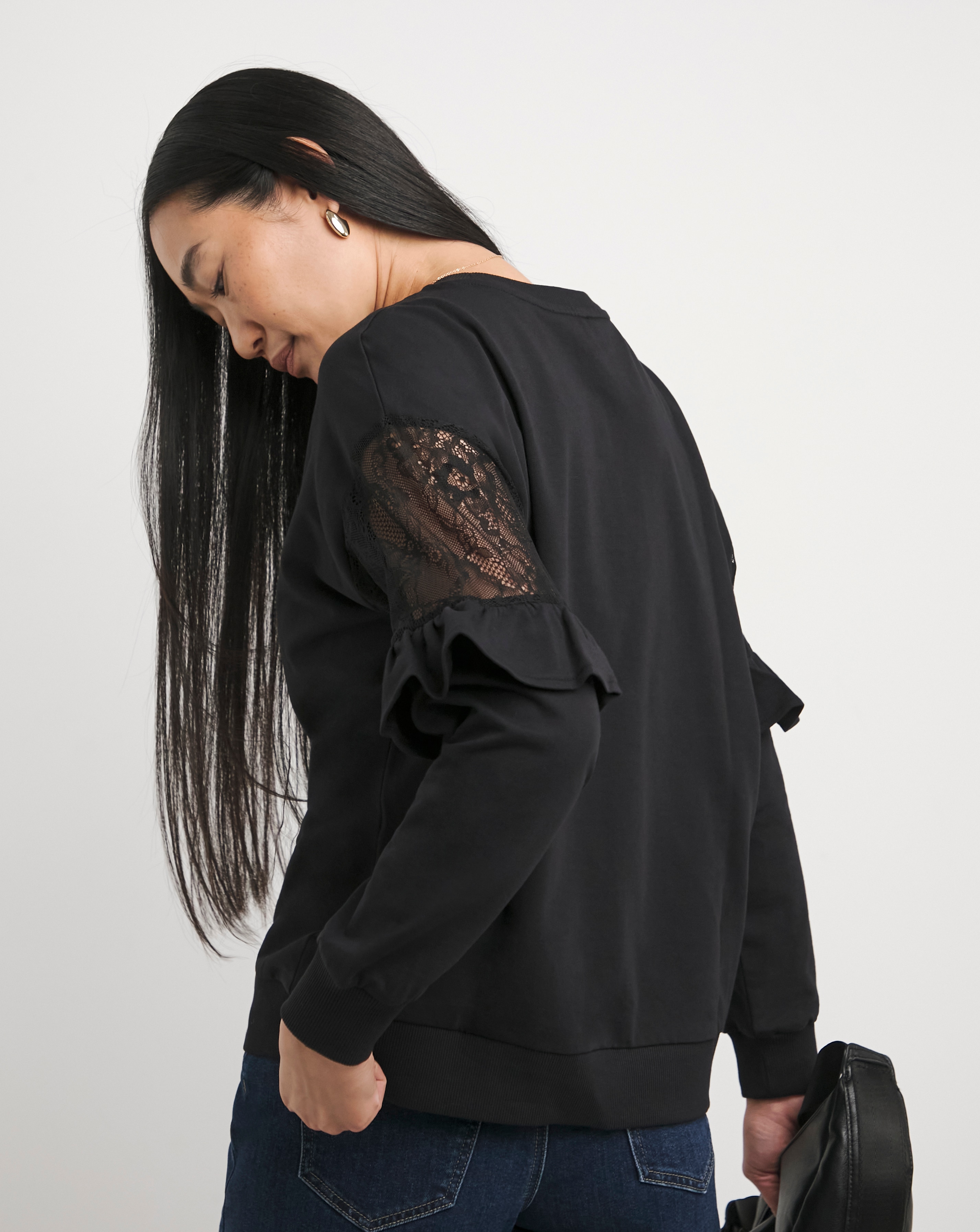 Black Lace Sleeve Detail Sweatshirt JD Williams