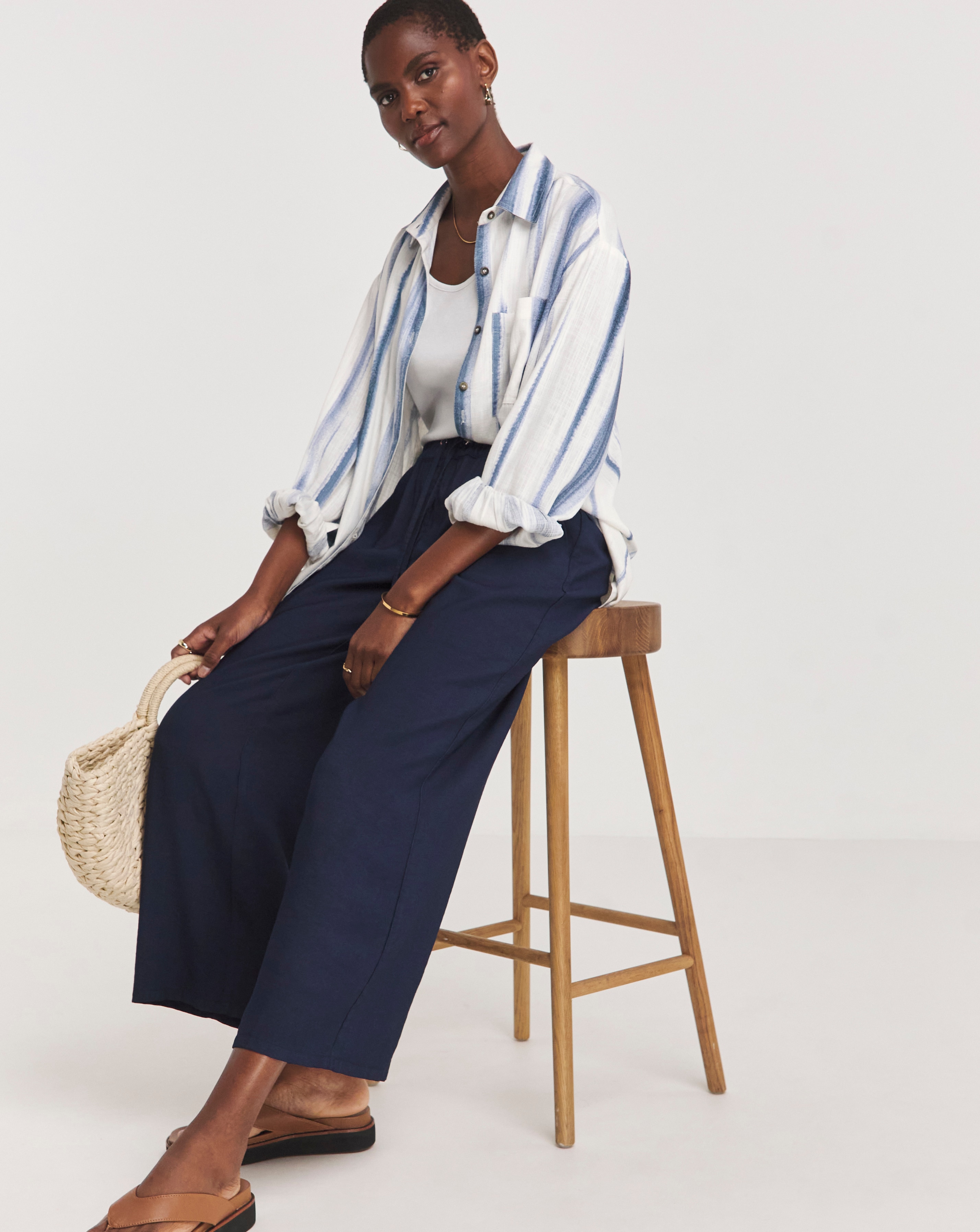 Blue Twill Soft Pull On Wide Leg Trousers JD Williams