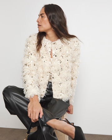 Joanna Hope Faux Feather Sequin Jacket