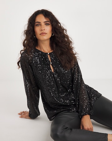 Black Volume Sleeve Sequin Top