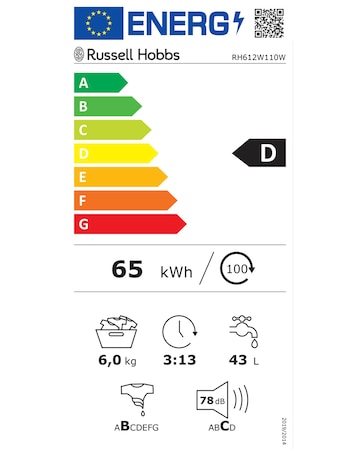 Russell Hobbs RH612W111W, 6Kg, 1200rpm, Washing Machine - White