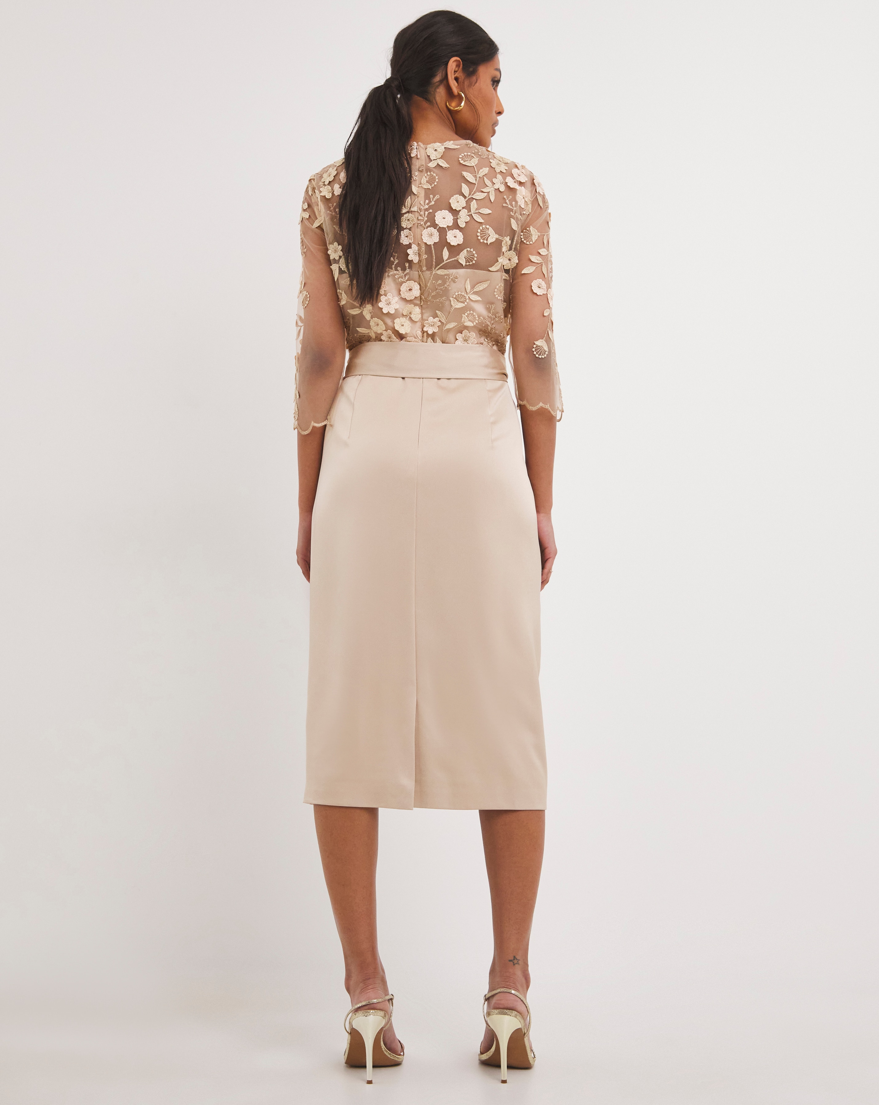 Joanna Hope Latte 3D Lace Scallop Sleeve Satin Midi Dress JD Williams