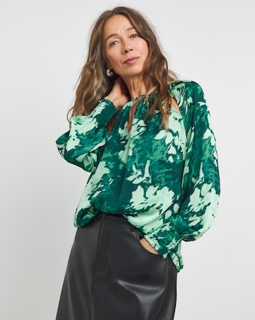 Womens Satin Cut Out Detail Long Sleeve Blouse - Green Floral