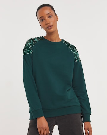 Green Raglan Sequin Detail Sweatshirt