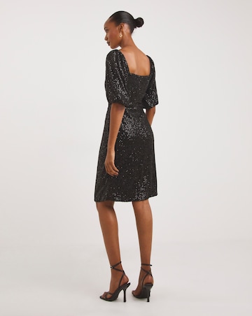 Sequin Square Neck Puff Sleeve Dress