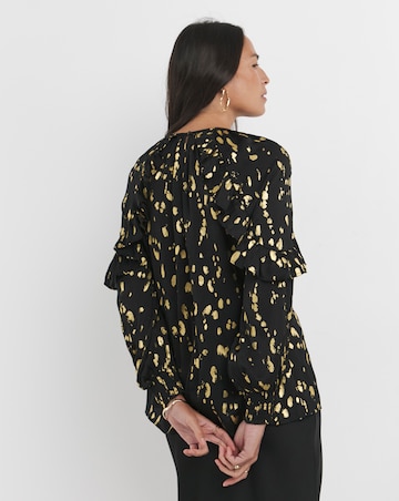 Womens Satin High Neck Ruffle Detail Raglan Sleeve Blouse - Gold Foil Print