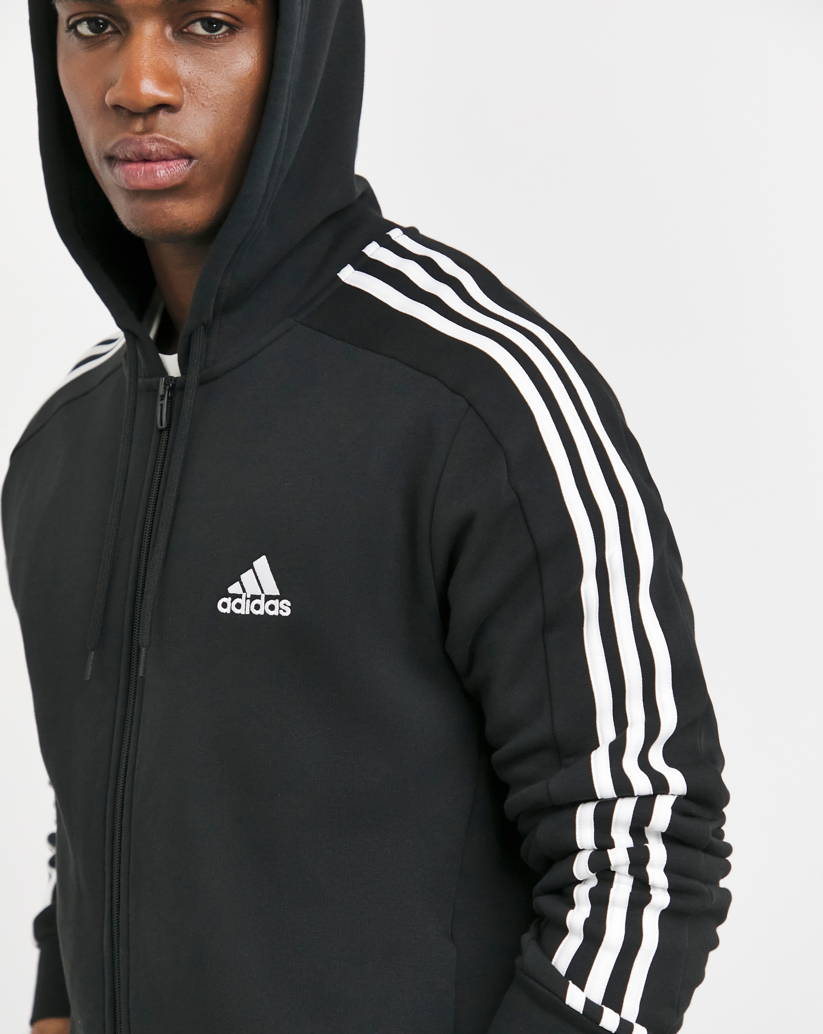 Adidas originals three stripe zip thru hoodie in black on sale