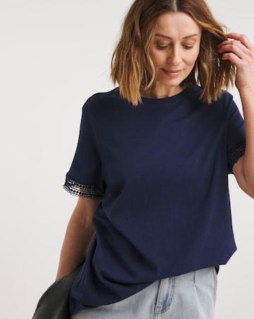 Navy Lace Trim Short Sleeve Longline Top