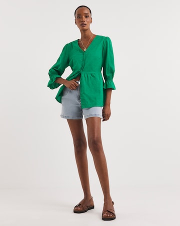 Green Cotton Dobby Puff Sleeve Top