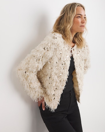 Joanna Hope Faux Feather Sequin Jacket