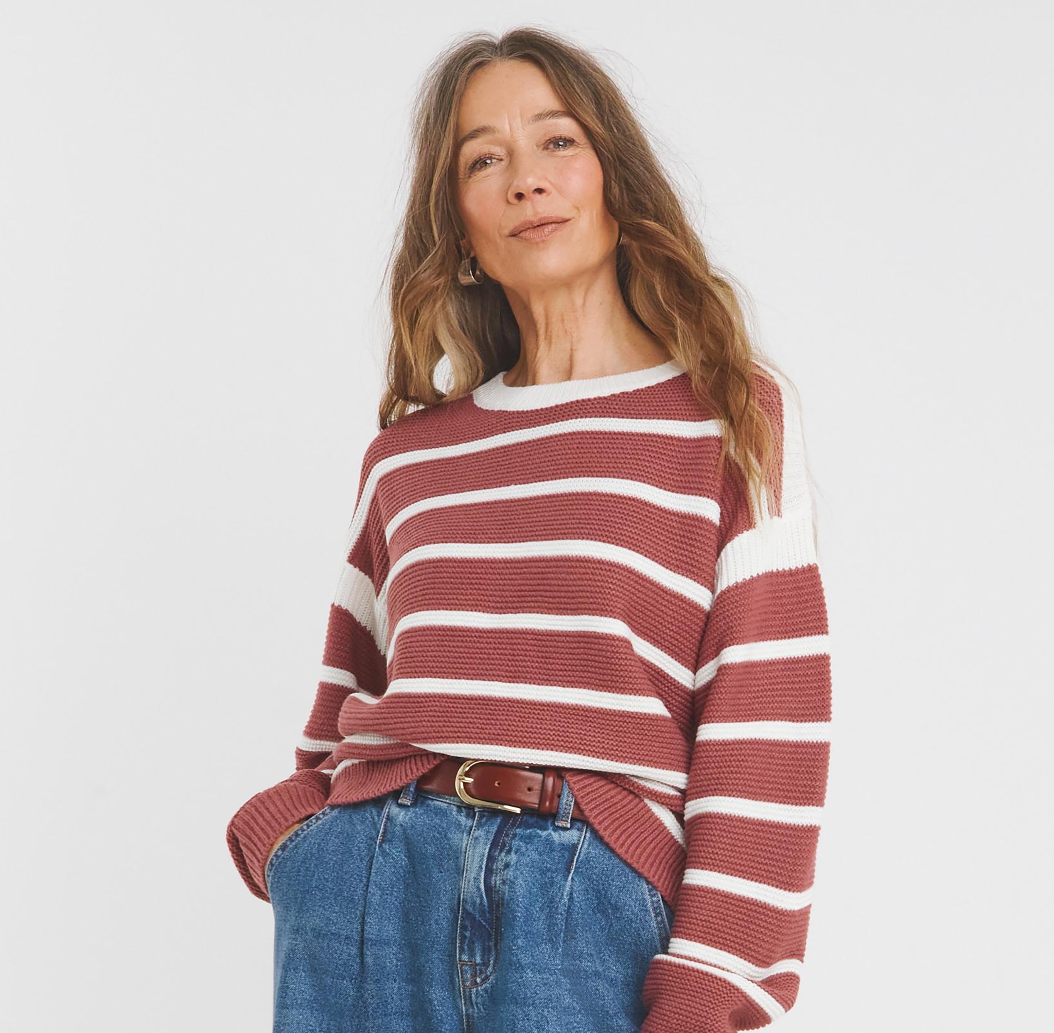 Lady wearing red and white stripe jumper