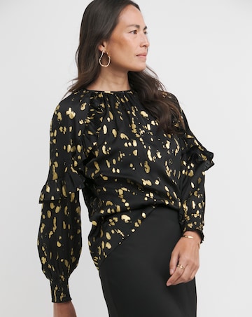 Womens Satin High Neck Ruffle Detail Raglan Sleeve Blouse - Gold Foil Print