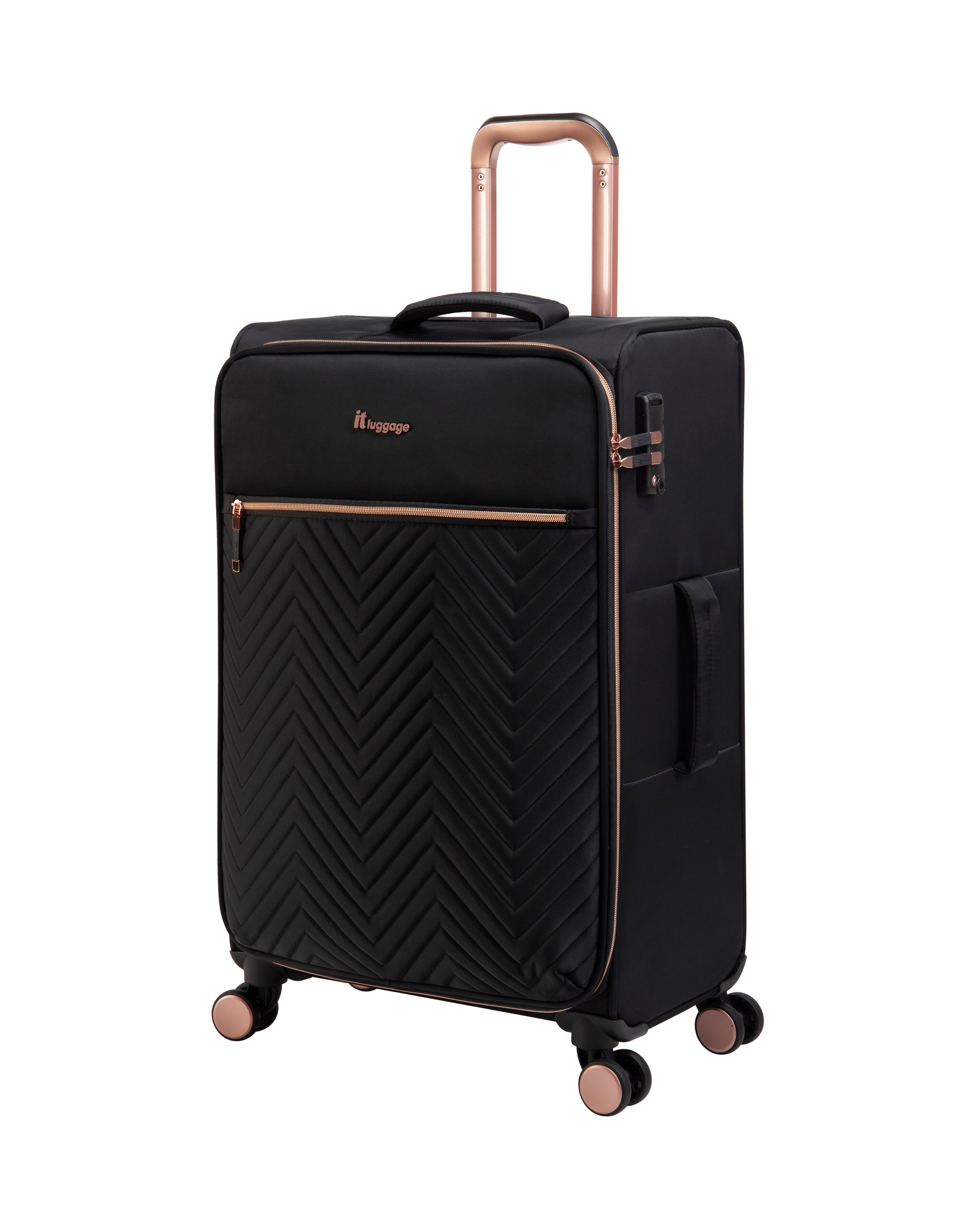 Rose gold and store black luggage